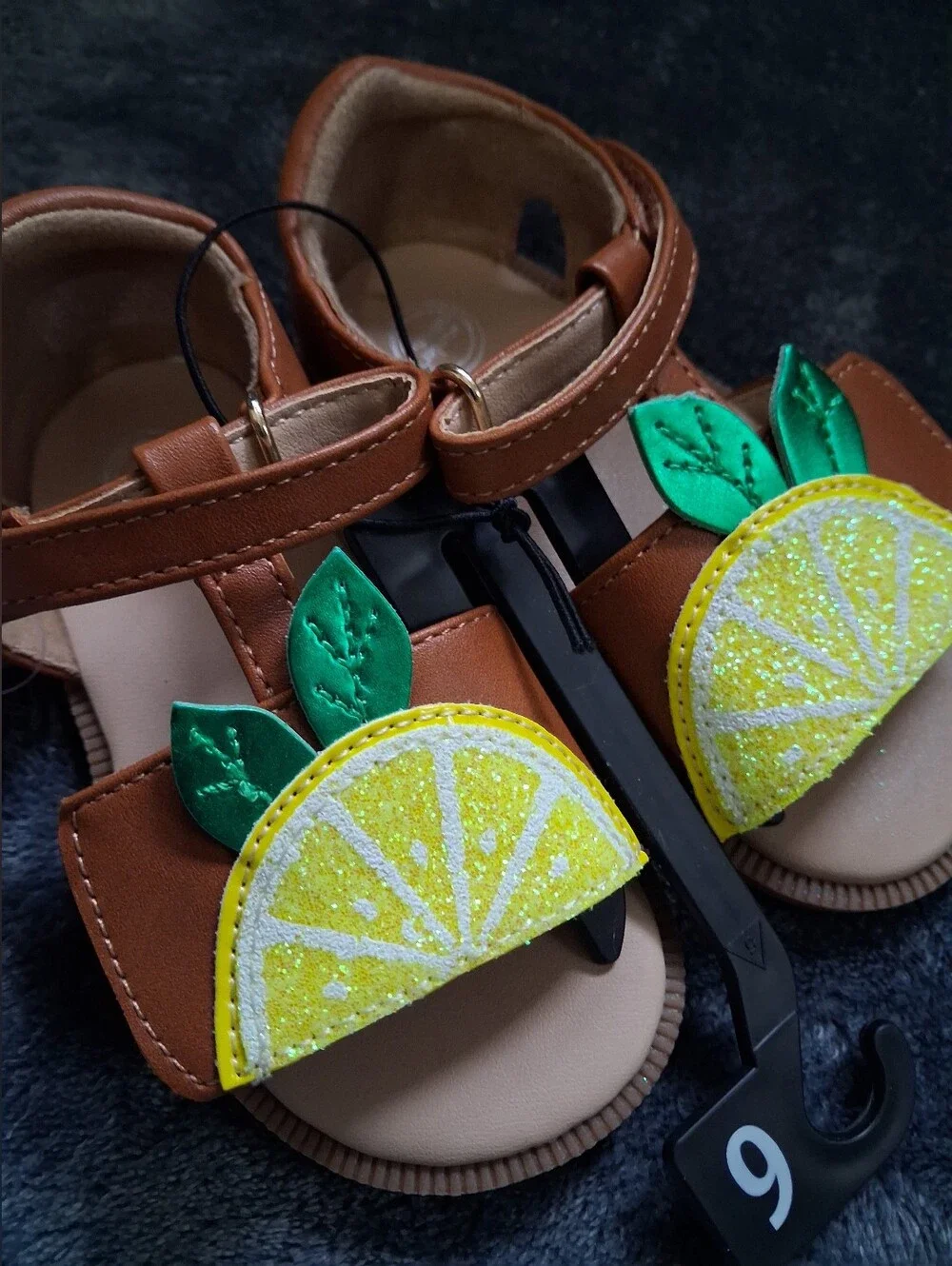NWT Wonder Nation Lemon Fruit Glitter Strappy Sandals Brown/Yellow Girls Size 6